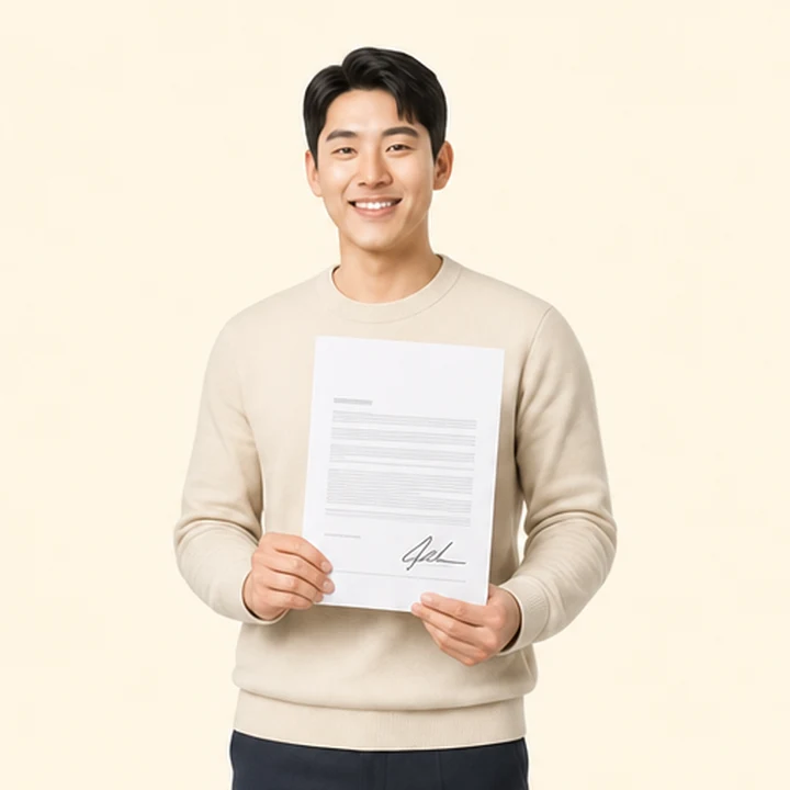 신용불량자 K8 장기렌트카 서면 견적서를 들고 있는 고객